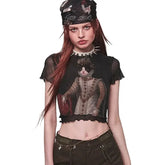 Vintage Cat Duke Round Neck Short Sleeve Mesh Blouse Top